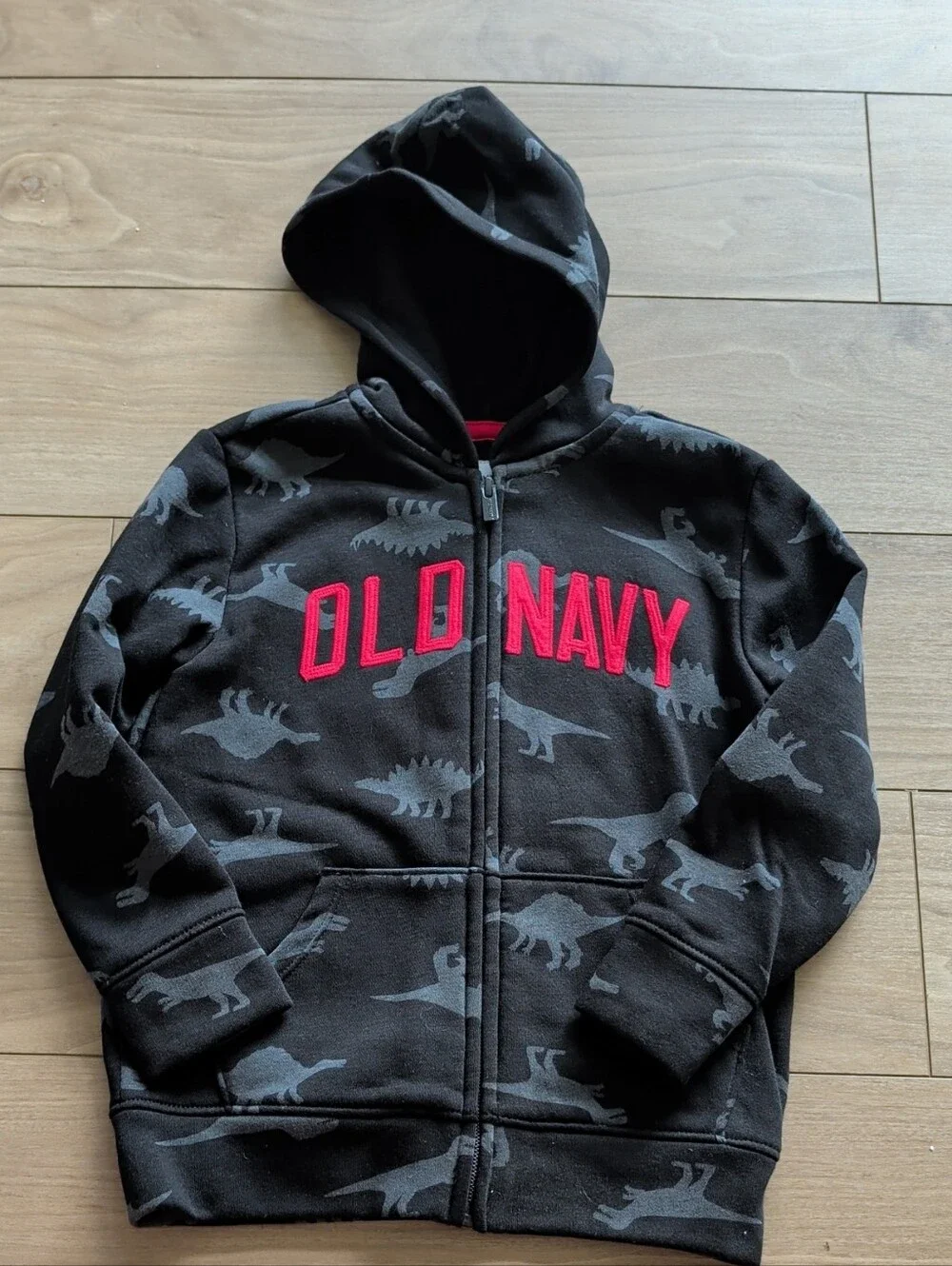Old Navy Black Hoodie with Gray Dino Print and Red Logo